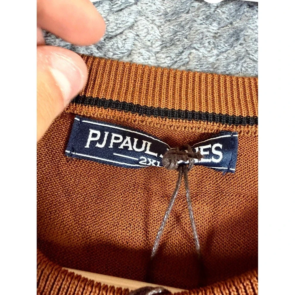 PJ Paul Jones Sweater Mens 2XL Brown Crew Neck Tight Knit Short Sleeve Pullover